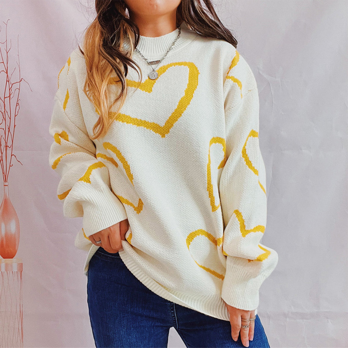 Heart Pattern Long Sleeve Sweater